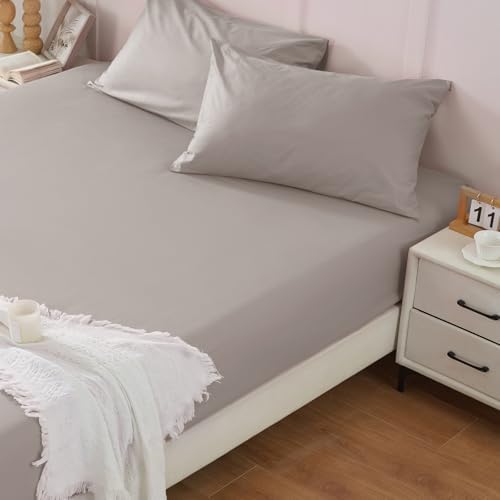 Homiest Beige Cotton Fitted Sheet & Pillowcase Set, Twin 400TC