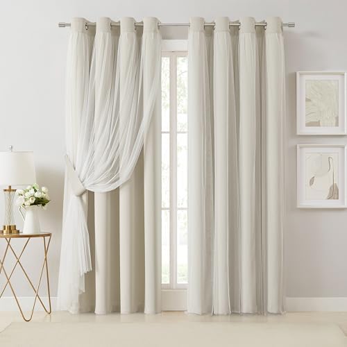 Bujasso Beige 80% Blackout Curtains with Sheer Overlay Mix and Match
