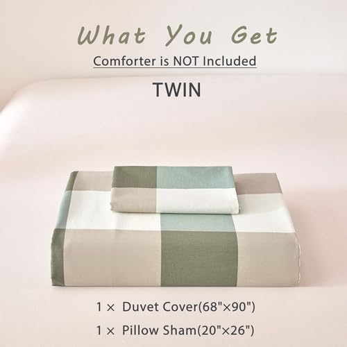 Sage Olive & Oatmeal Neutral Plaid Cotton Duvet Cover Set Twin Size