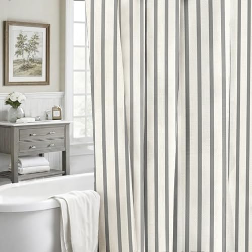 Grey Beige Striped Linen Cotton Waterproof Shower Curtain 60" W x 72"