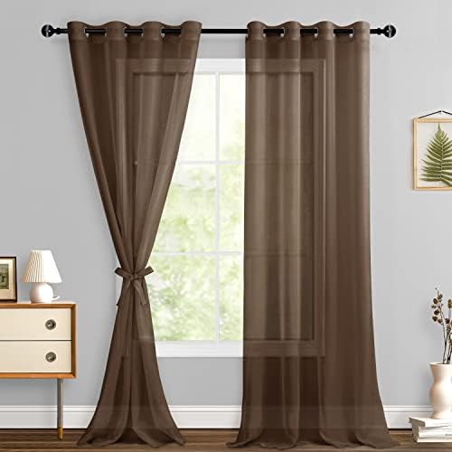 Hiasan Grommet Sheer Curtains with Tiebacks, Brown, W52 x L96, 2