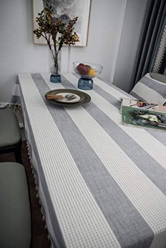 Gray Cotton Square Tablecloth 70 W x 70 L, Stripes with Tassels Table