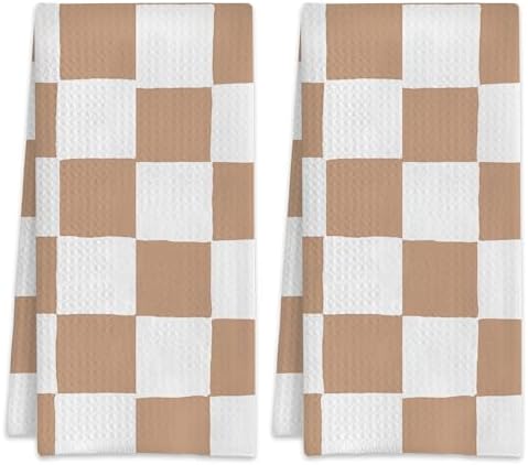 Beige and White Plaid Checkered Hand Towels Set of 2,Waffle Weave Soft