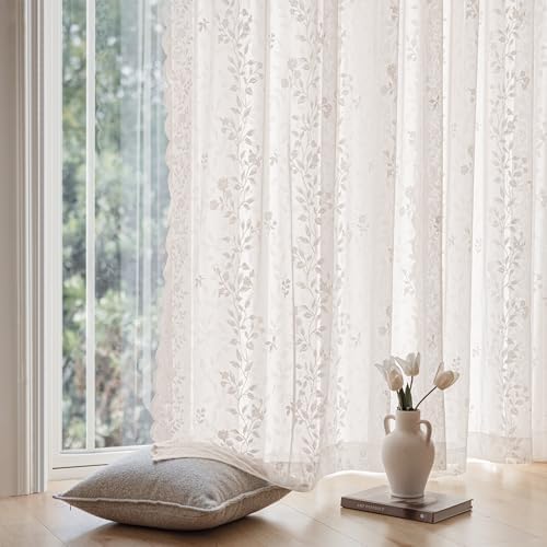 Ivory Lace Sheer Curtains 96 Inch Long 2 Panels with Floral Design