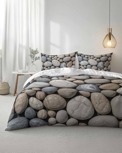 Duvet Cover Set Queen, Abstract Natural Grey Cobblestone 3 Piece