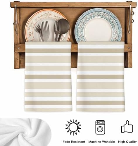 LooPoP Kitchen Towels Set of 3 Beige White Stripes Dish Towels and