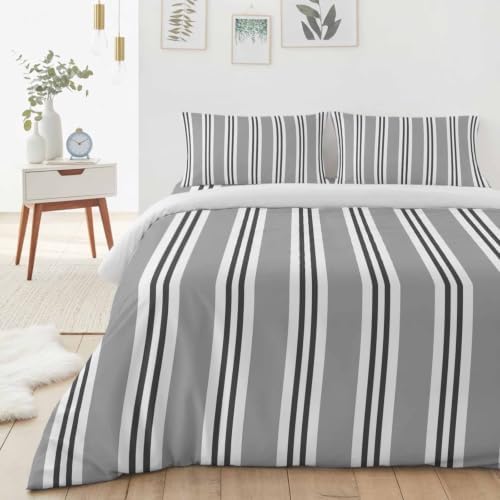 Gray Black and White Stripe King Duvet Cover Set - 4 Pcs Comforter