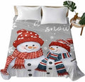 King Size Flat Sheet Only, Snowman Christmas Snowflakes on Gray Bed