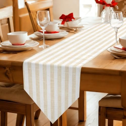 Table Runner 108 Inches Long, Beige Striped Table Runners for Dining