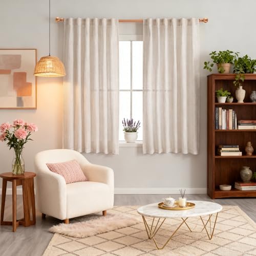 MYSKY HOME Natural Linen Sheer Curtains 63 Inch Length for Bedroom