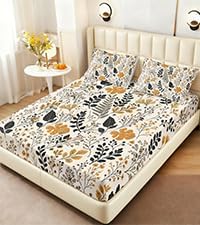 AILONEN Full Fitted Sheet Set, Mustard Black Wildflower Foliage Print