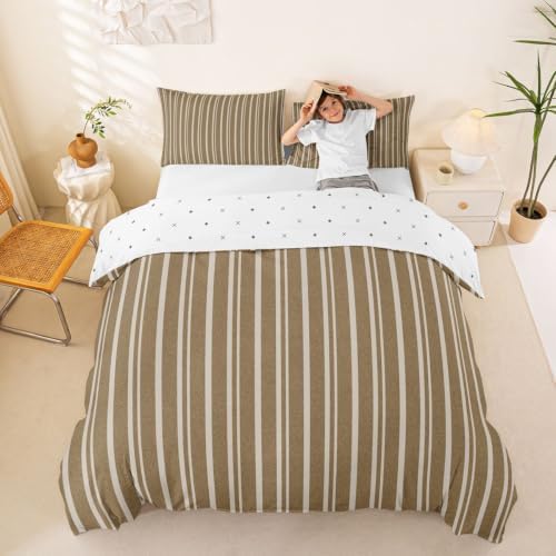 Taupe Beige Striped Duvet Cover Set King Size,Modern Simple Line