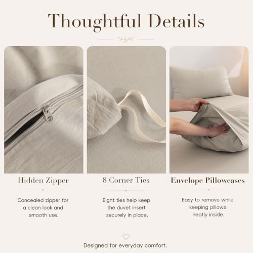 Duvet Cover Set 100% Washed Cotton Linen Feel 3‐Pcs Full