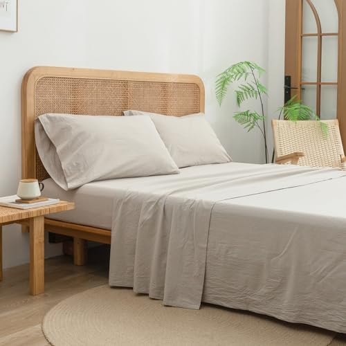 BESTOUCH 100% Washed Cotton Linen Feel Sheet Set, Solid Linen Grey