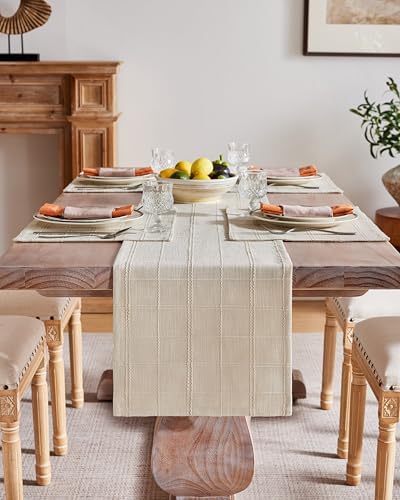 ZeeMart Linen Checked Farmhouse Table Runner, 13x36 Inches Neutral