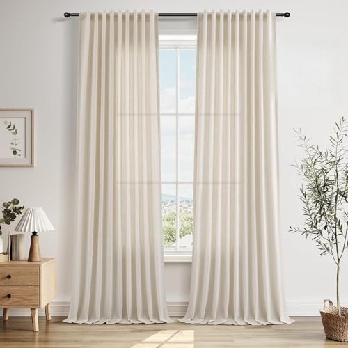 Nanspring Extra Long Linen Curtains 120 Inch Hook Belt Beige Cream 2