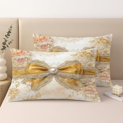 Vintage Floral Throw Pillow Covers Set of 2, Cream and Gold Decorative