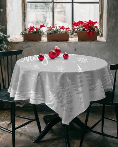 Christmas Tree Square Tablecloth White Pines Tree Silhouette Snowflake
