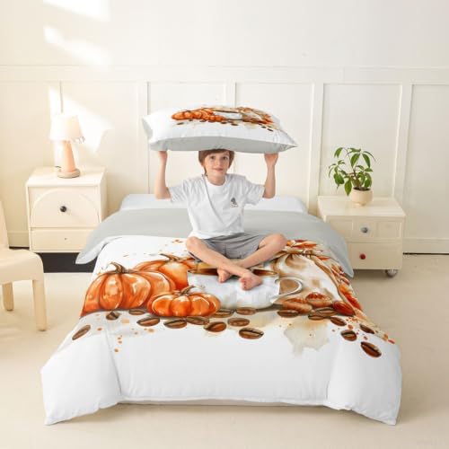 Manfei Pumpkin Coffee Girls Bedding Set Twin Size, Fall Leaves