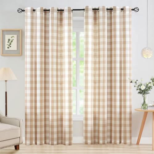 Jubilantex Buffalo Check Semi Sheer Curtain Panels Tan White Gingham