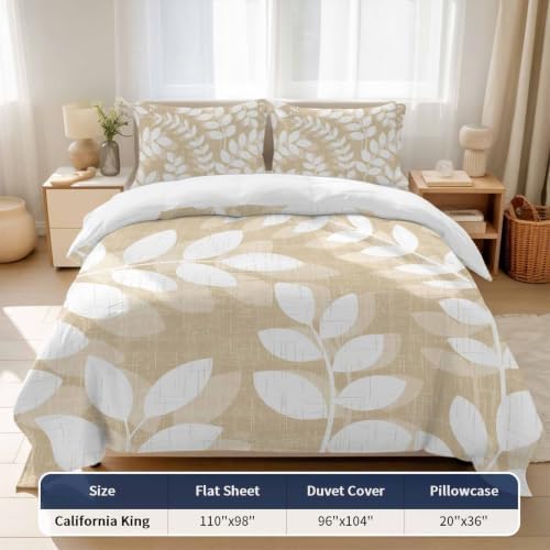 Beige Leaves California King 4 Piece Duvet Cover Set, Farmhouse Branch