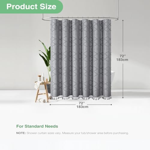Dynamene Boho Farmhouse Fabric Shower Curtain Tufted Geometric 72x72
