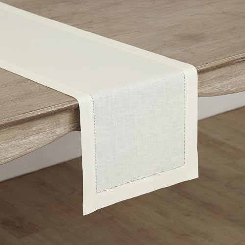 Solino Home 100% Linen Table Runner Ivory, Classic Hemstitch
