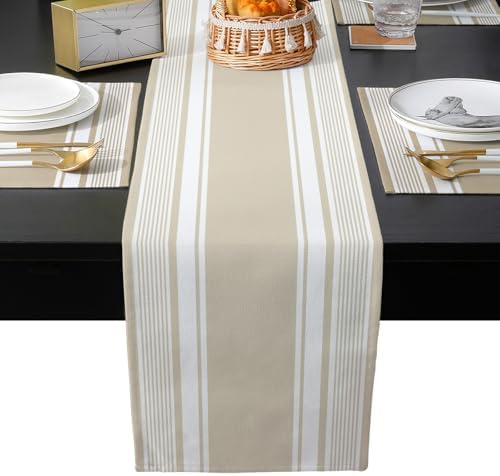 Farmhouse Beige Striped Table Runner and Placemats for Dining