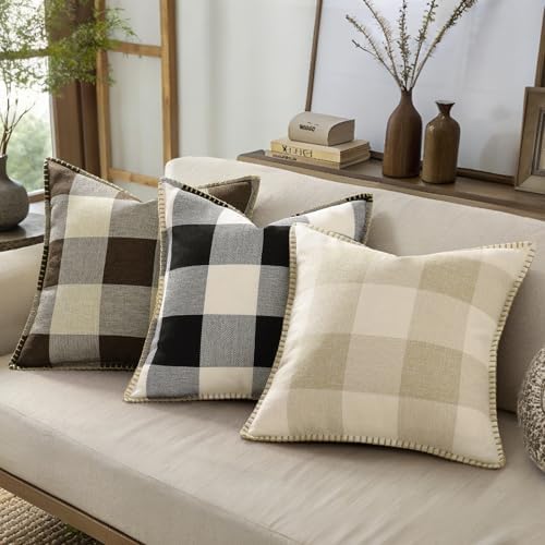 decorUhome Fall Plaid Linen Throw Pillow Covers 22x22 Set of 2 Black