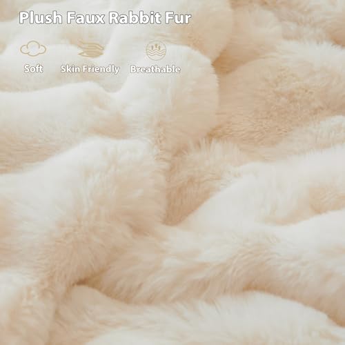 LIFEREVO Fluffy Faux Rabbit Fur King Size Bed Blanket 104x90, Beige