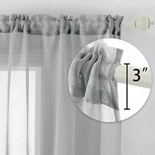 DUALIFE Grey Sheer Curtains 63 Inch Length,Faux Linen Semi Sheer