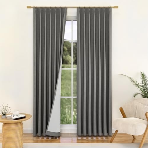 YZ HOME Grey Linen 100% Blackout Pinch Pleated Curtains 108 Inches