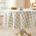 Softalker Gingham Round Tablecloth with Tassel, Beige, 70" x 70"