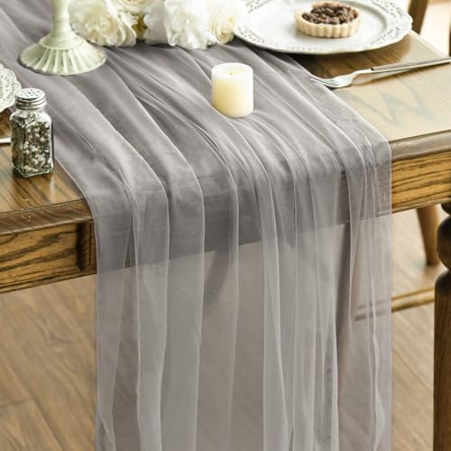 Artoid Mode Grey Gauze Table Runner 120 Inch 10FT, Seasonal Sheer