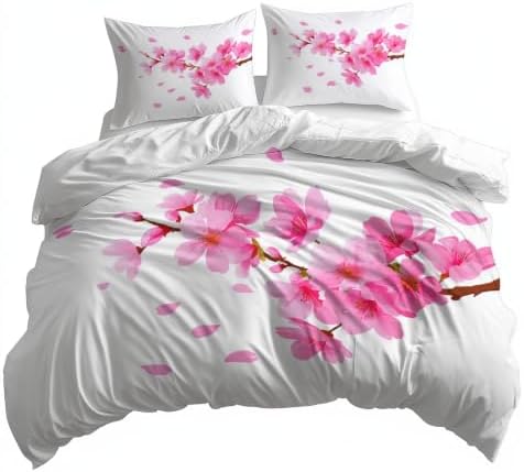 King Duvet Cover Set Soft Microfiber Plant Cherry Blossoms White