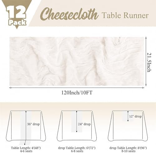 12 Pack Ivory White Table Runner 10Ft Cheesecloth Table Runner Rustic