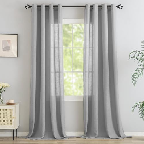 Linen Gray Grommet Curtains 63 Inch Length for Bedroom Boho Semi Sheer