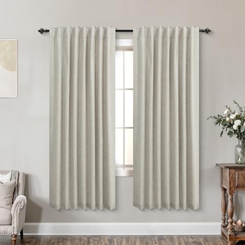 KOUFALL Neutral Greige Curtains Black Out 63 Inch Long,Back Tab Linen