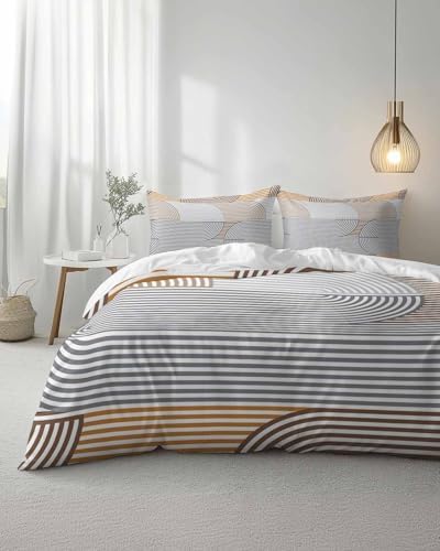 Duvet Cover Set Queen, Grey Stripes Abstract Geometric 3 Piece Bedding