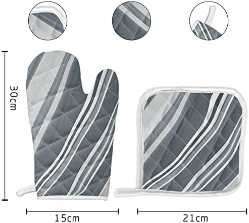 Oven Mitts and Pot Holder Set for Kitchen, Grey and White Lines