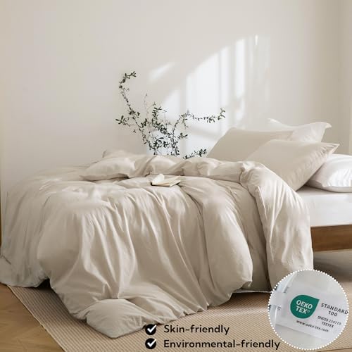 MILDLY Beige Striped Duvet Cover Set with Hidden Dual Zipper 8 Corner