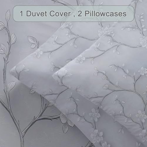 Light Gray Duvet Cover King - Ink Painting Flowers Plants Vines