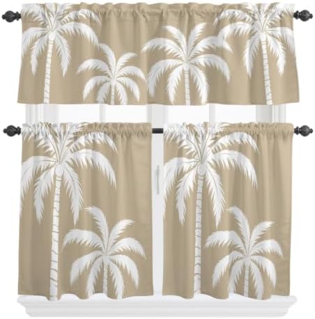 Brown Palm Tree Kitchen Curtains Set, Coastal Tropical Summer Coconut
