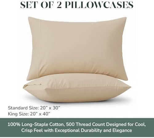 Feather & Stitch 100% Cotton Standard Pillow Covers Set of 2, 500TC