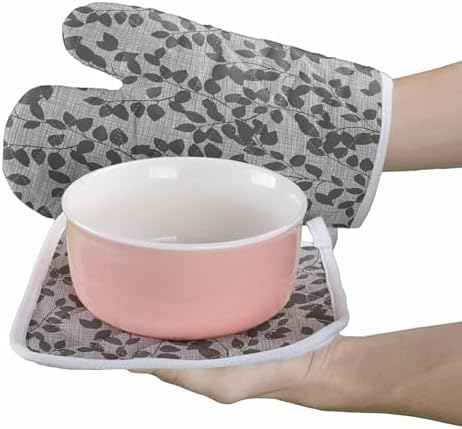 Quilted Cotton Terry Cloth Oven Mitt, Pot Holder Plant Leaves Gray
