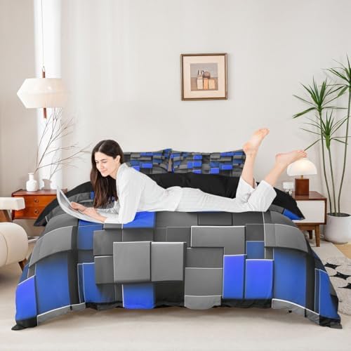 Manfei Abstract Style Comforter Cover King Size Black Gray Blue Grid