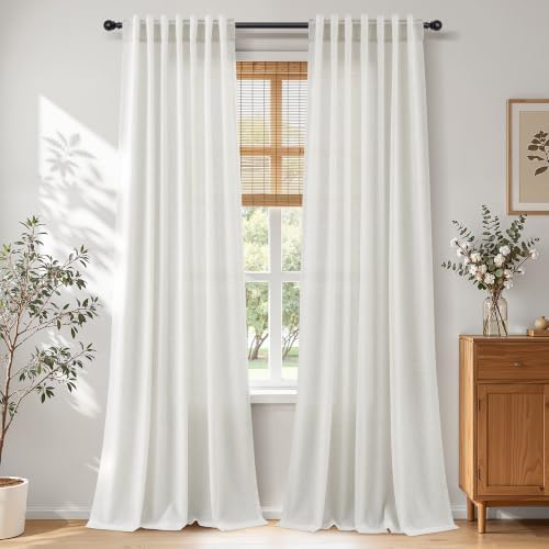 Guken Linen Back Tab Curtains 96 Inches 8ft for Living Room Natural