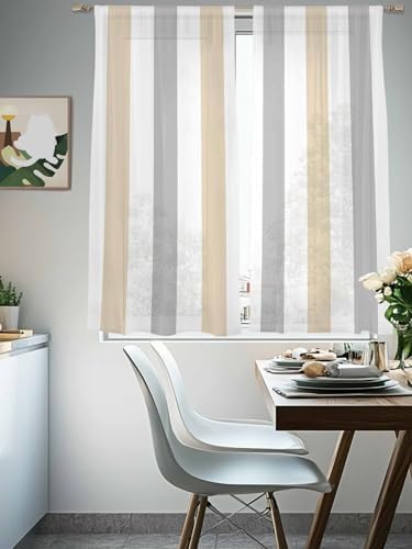 Beige Grey Stripe Sheer Curtains 72 Inches Long 2 Panels, Semi Sheer