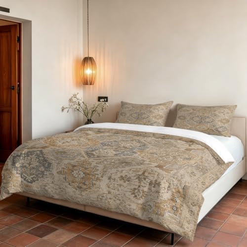 Beige Grey Boho Duvet Cover Set 3 Pieces with Zipper Closure, Vintage