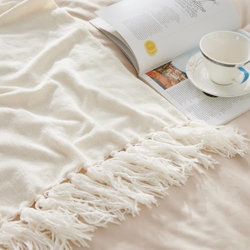 CozeCube Chenille Throw Blanket, Cream White Fringe Blanket, 50"X60"